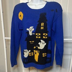 Vintage Marisa Christina Size Small Blue Ghostly‎ House Halloween Sweater